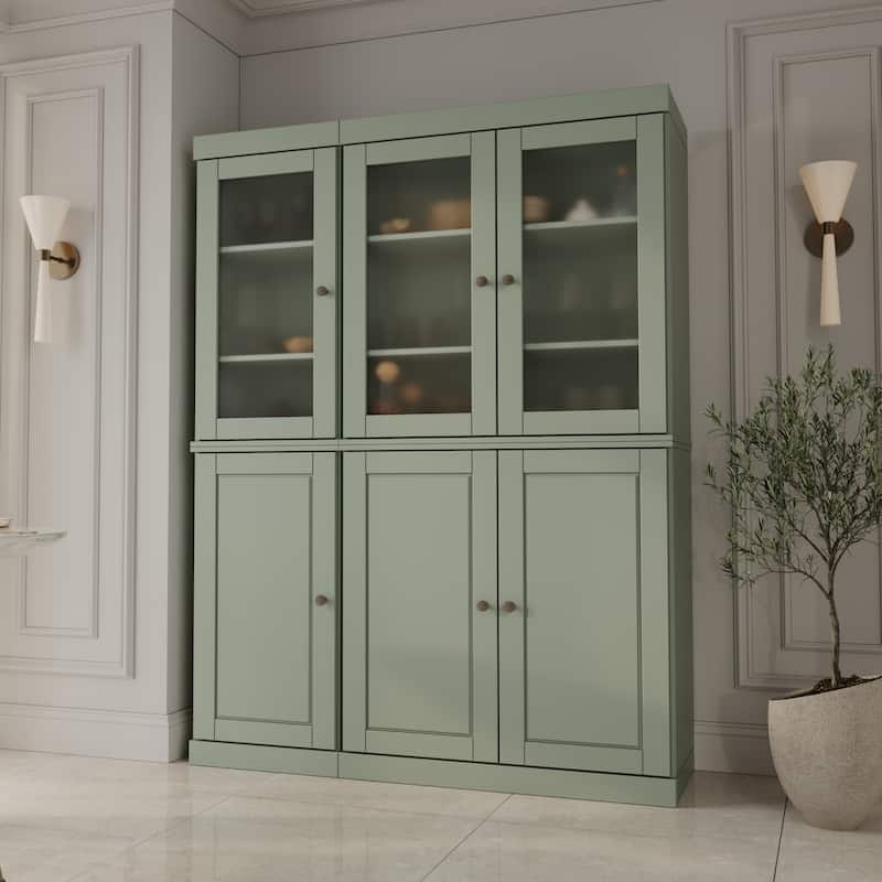 Palace Imports 100% Solid Wood 48.5" Pantry China Cabinet with Frosted Glass, Solid Wood Doors and 2-Drawers - Sage
