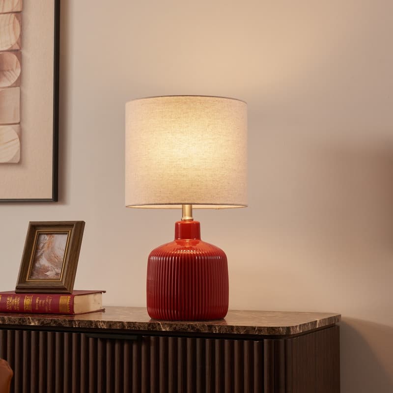 KAWOTI 17.5 in. Glossy Contemporary Ceramic Table Lamp for Living Room with Natural Linen Shade - D10" * H17.5"