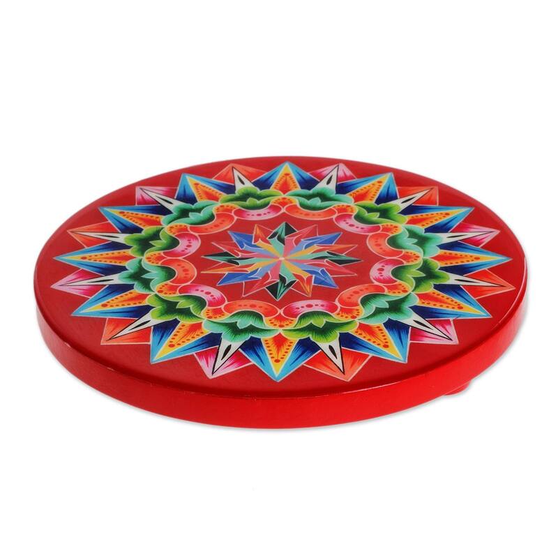 NOVICA Handmade Traditional Colors In Red Wood Trivet (Costa Rica) - 1" H x 7" Diam.
