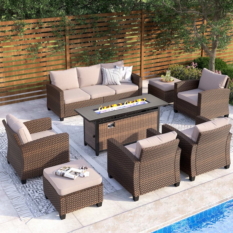 7/9-Seat Patio Furniture Wicker Rattan Outdoor High-back Sectional Sofa Conversation Set with Firepit Table - 9 Seats + 56" Fire Pit - Beige