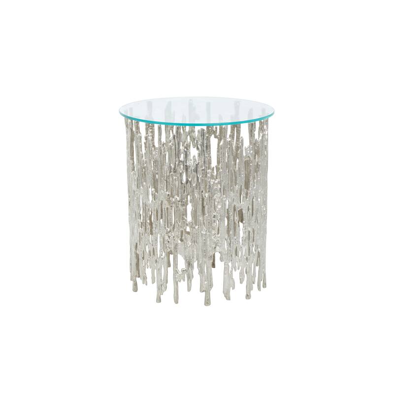 Silver Aluminum Metallic Cutout Abstract Accent Table with Glass Tabletop