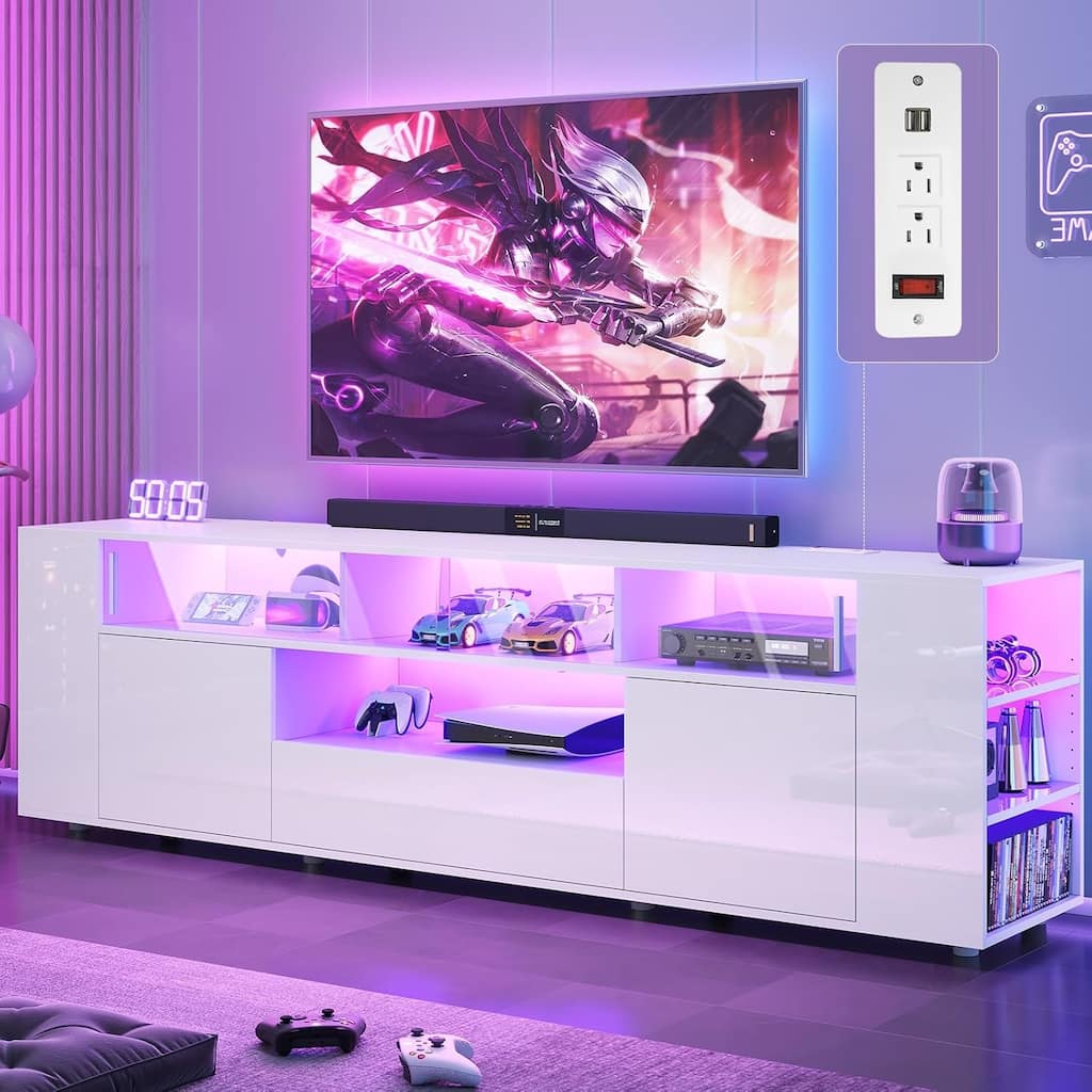 TV Stand for 70/75/80 Inch TV 1 Drawer and 2 Storage Cabinet Power Outlet