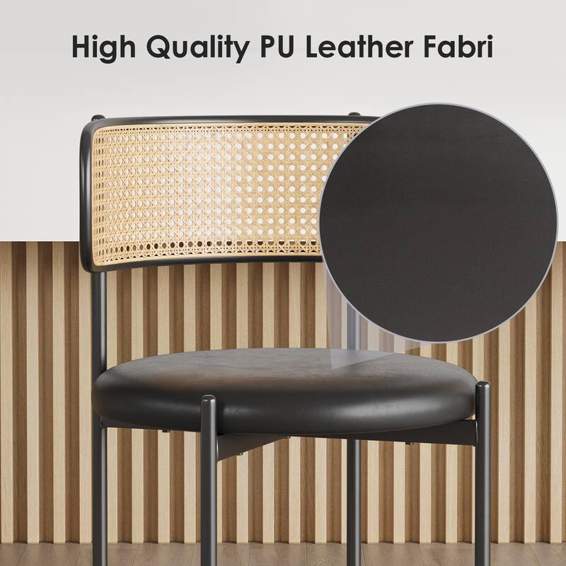 Dining Chairs Set of 2, PU Leather Upholstered Seat with Woven Rattan Back, Sturdy Metal Legs Modern Side Chairs