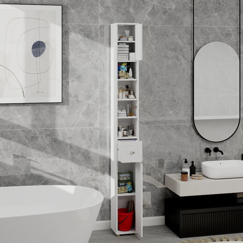 Slim Bathroom Storage Cabinet, Freestanding Narrow Floor Cabinet, Bathroom Cabinet with 1 Drawer, 2 Doors & Adjustable Shelves