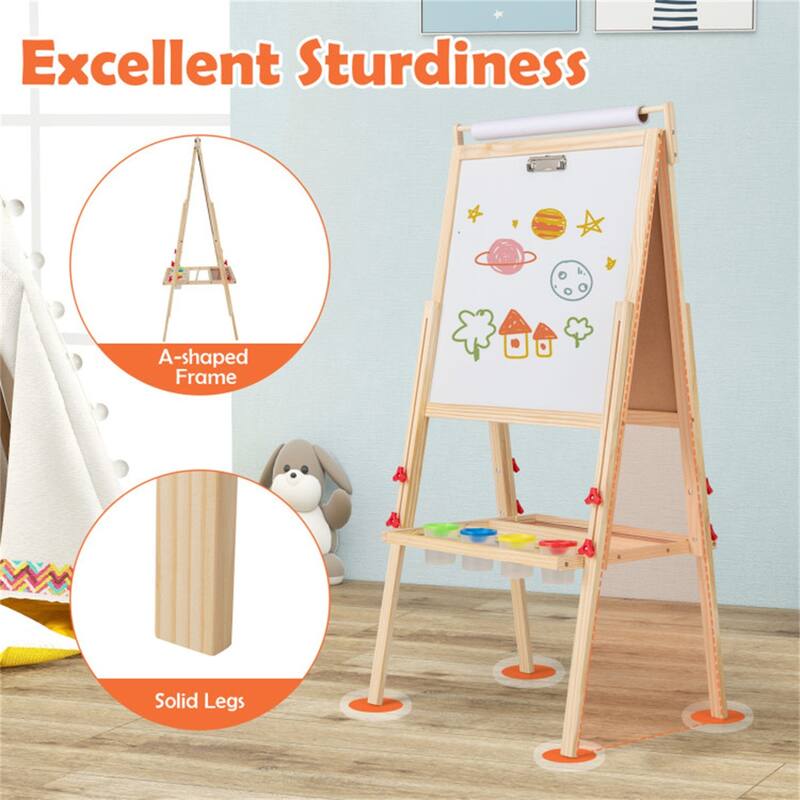 3-in-1 Kids Art Easel with Magnetic Chalkboard Whiteboard Paper Roll Adjustable Height Storage Trays and Paint Cups