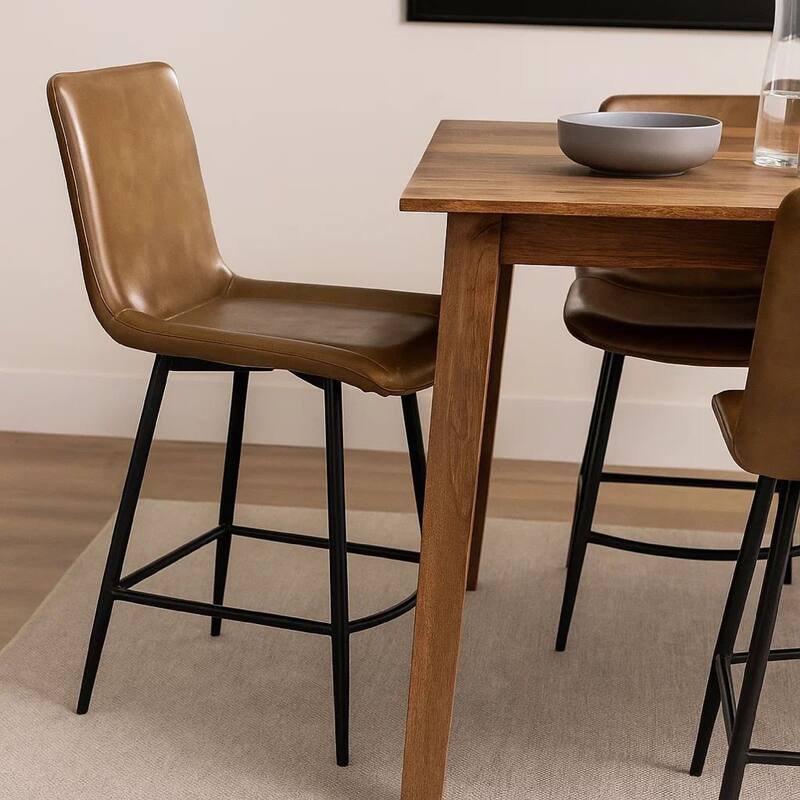 Isha Counter Stool Chair Set of 2, Brown Faux Leather, Black Iron