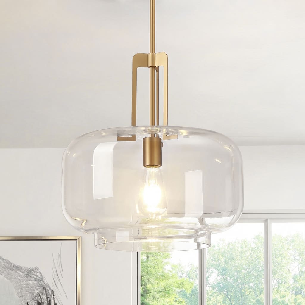 15" Modern Brushed Gold Drum Clear Glass 1-Light Adjustable Pendant Hanging Light - N/A