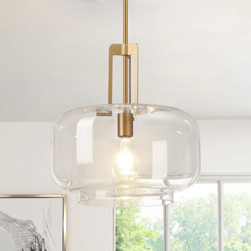 15" Modern Brushed Gold Drum Glass Dimmable Kitchen Pendant Light Chandelier