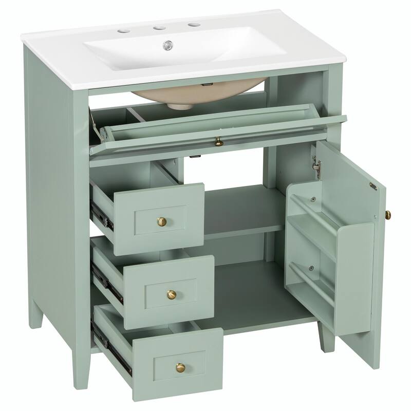 Bathroom Vanity with Sink, Modern MDF and Rubberwood Cabinet with 3 Drawers and Adjustable Shelf