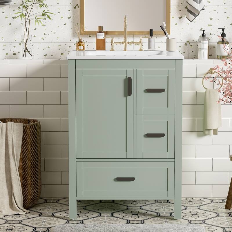 GDFStudio - Maple Modern Freestanding Bathroom Vanity with Ceramic Sink, Soft Close Door and Multi Drawer Storage - Green - 24"