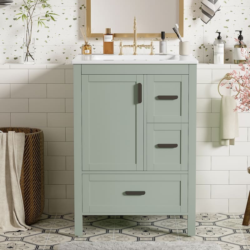 Solid Wood Frame Bathroom Vanity Cabinet with Ceramic Sink, Space-Saving 24-Inch Vanity