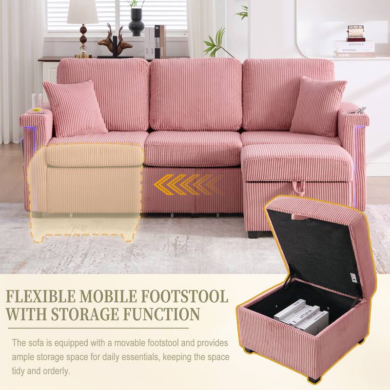 HOMEFUN Corduroy Upholstered L-shaped Pull-Out Storage Sectional Sofa with Storage Ottoman,USB Charging,Cup Holder
