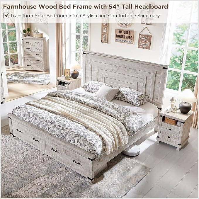 Farmhouse Queen Size Bed Frame w/ 54" Tall Headboard & 2 Large Drawers