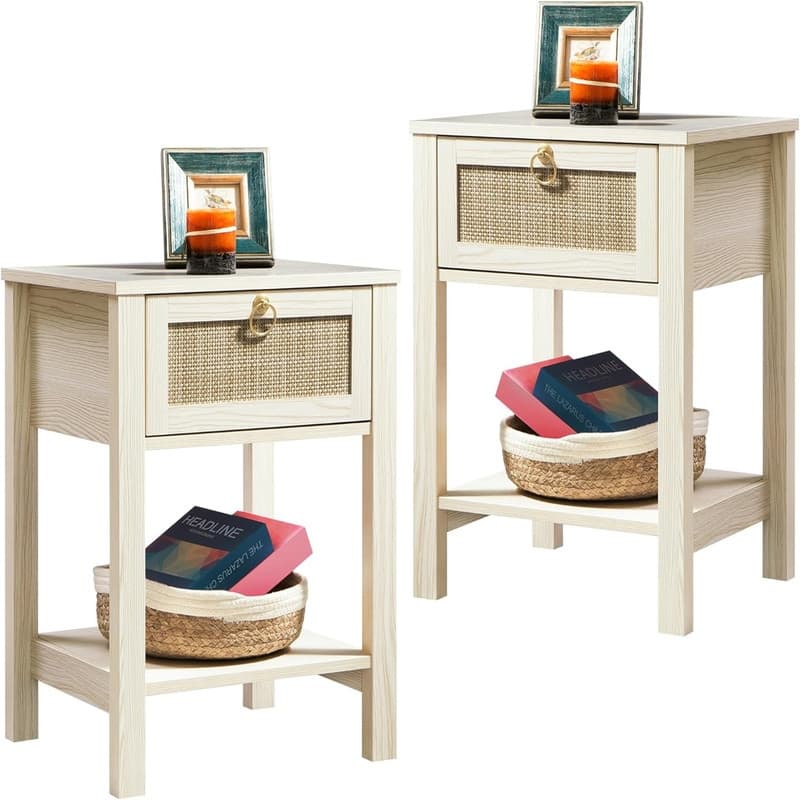 White Nightstand Set of 2 Rattan Decor Drawer - White Cream Oak