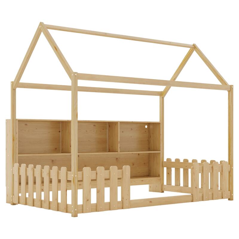 Twin Size Wood House Bed with LED Light and Storage Bookshelf for Kids