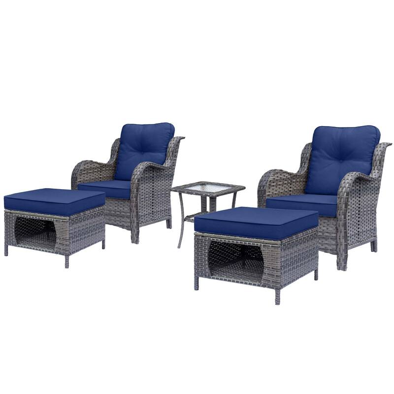 5 Piece Outdoor Wicker Patio Conversation Chair with Ottoman Set