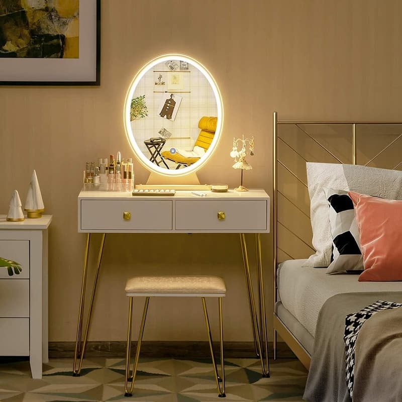 Makeup Vanity Desk with LED Mirror, 2 Drawers, Gold Legs & Padded Stool