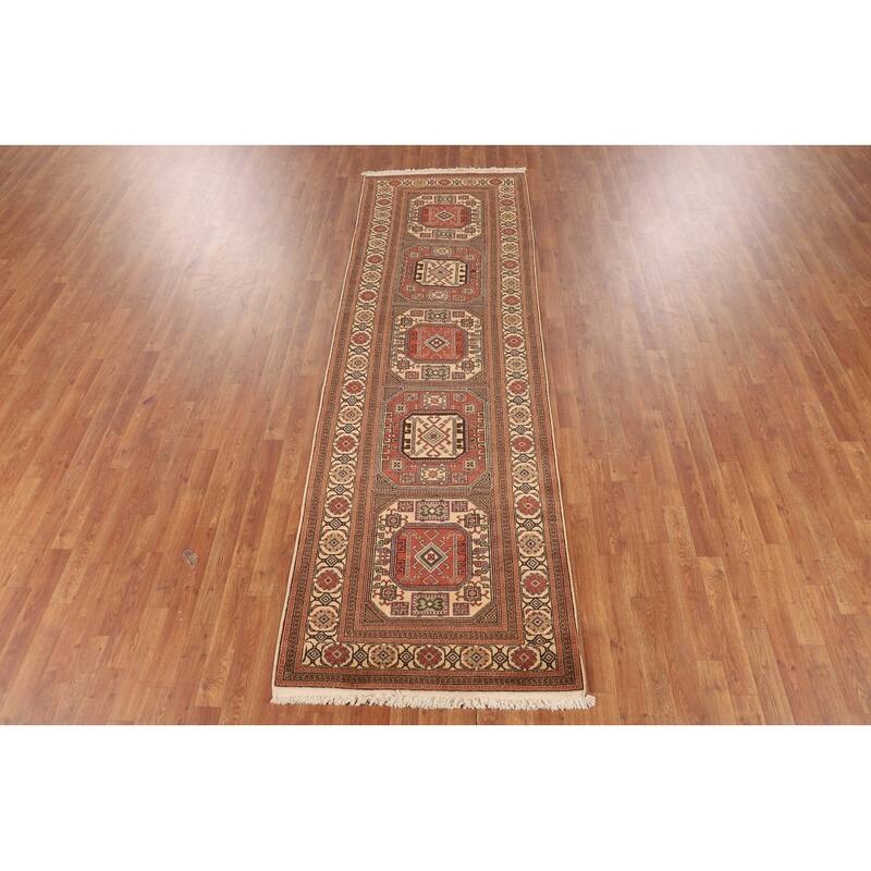 Geometric Anatolian Vintage Runner Rug Hand-Knotted Wool Carpet - 3'1" X 9'10"