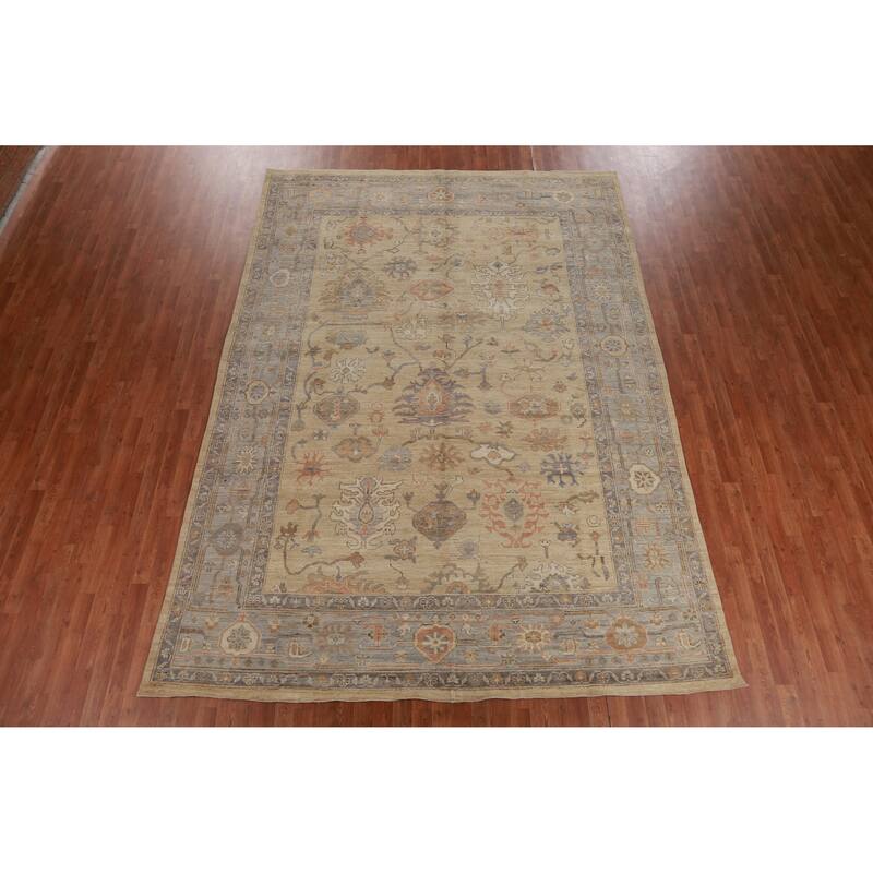Hand Knotted Oriental 100% Wool Carpet Transitional All-Over Beige & Ivories Oushak Area Rug - 11' 10'' X 8' 5''