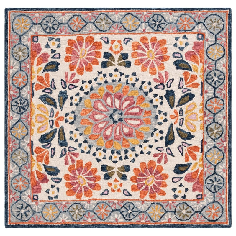SAFAVIEH Handmade Blossom Kinneret French Country Wool Rug - 6' Square - Ivory/Red
