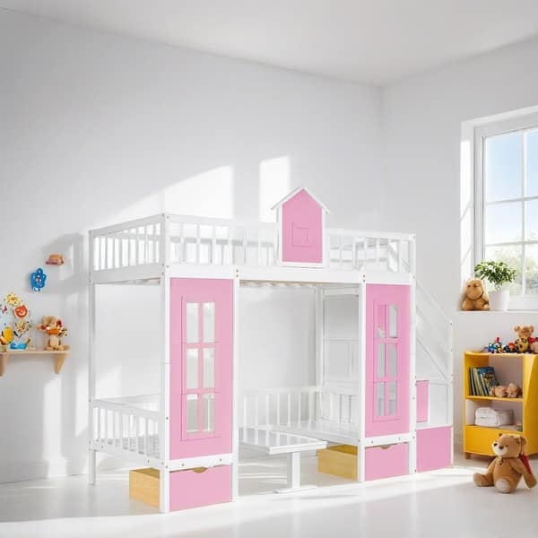 slide 2 of 18, Twin Over Twin Bunk Bed with Changeable Table Desk with 2 Drawers, Pink
