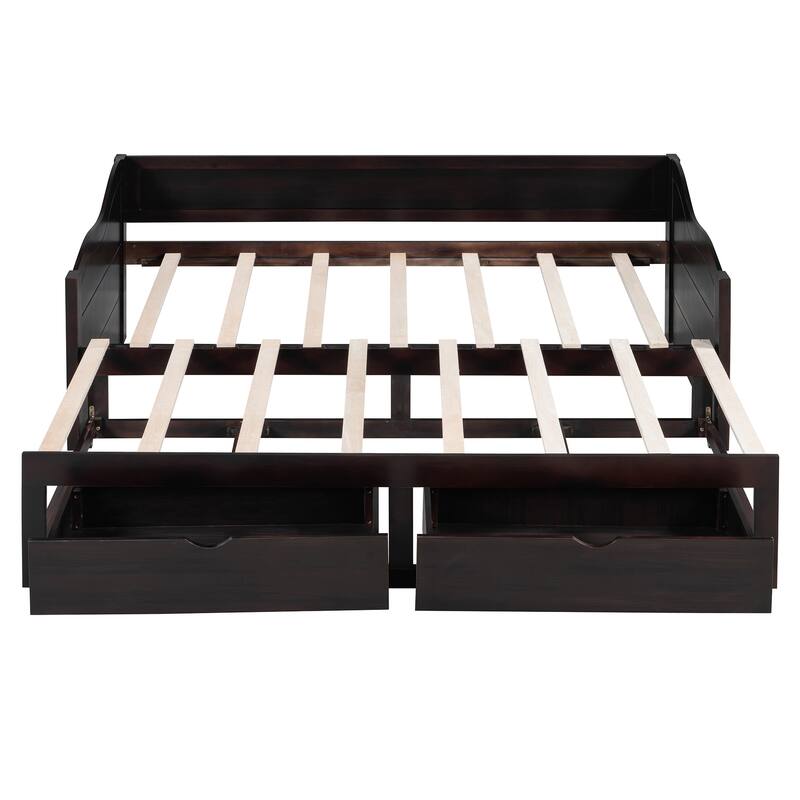 Roomfitters Wooden Twin Daybed with Trundle and Two Storage Drawers Extendable Solid Wood