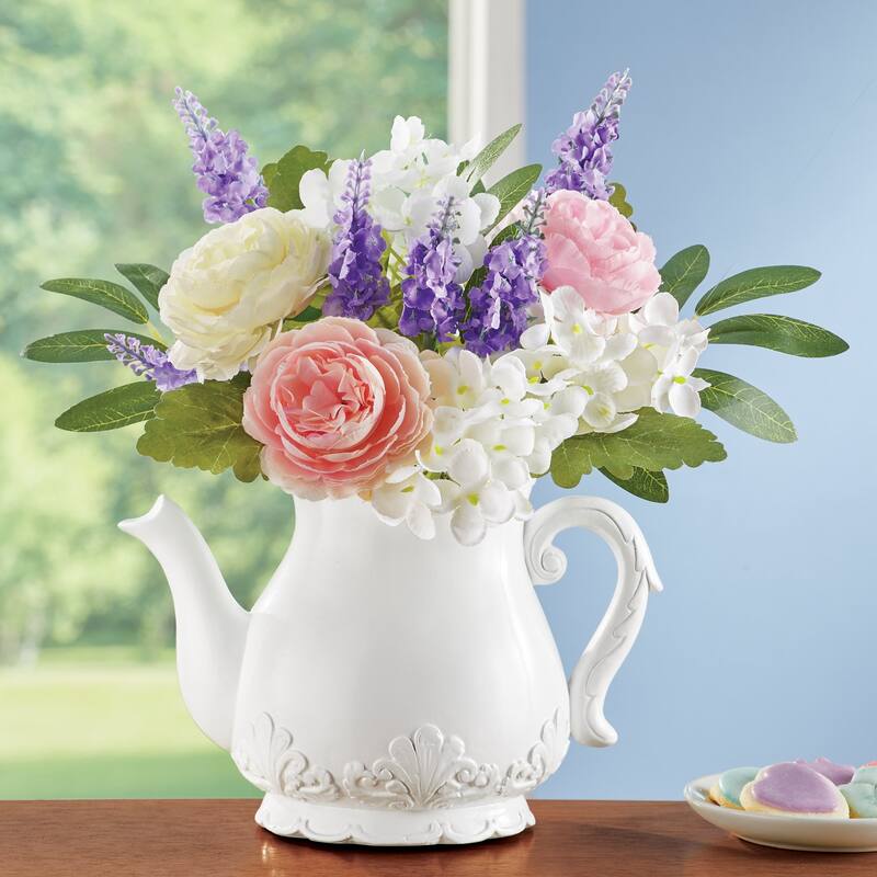 Ceramic White Teapot Floral Arrangement Centerpiece - 10 x 11 x 9 - 10 x 11 x 9