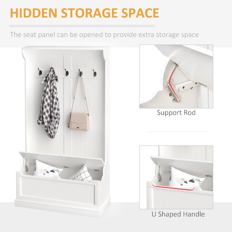 38" White 3 in 1 Hall Tree - Storage Bench, Coat Rack, Shoe Storage