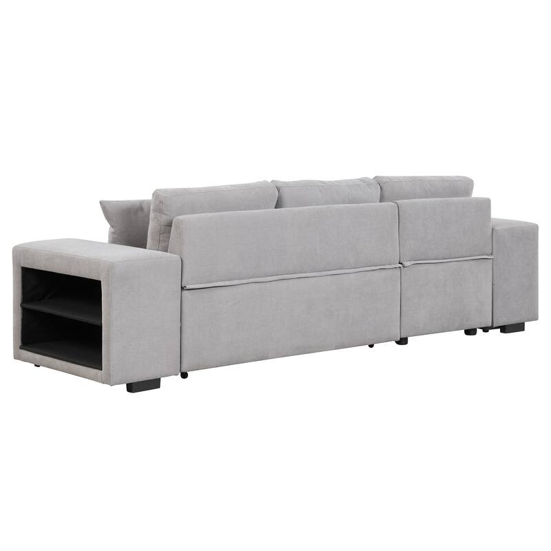 Convertible Sleeper Sectional Sofa, Reversible Sofa with Pull-Out Bed, Storage Chaise & 2 Stools, Linen Upholstered 4 Seat Sofa