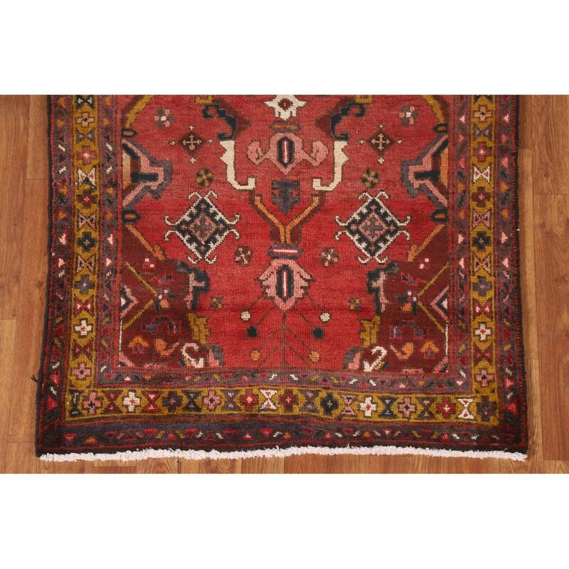 Hand Knotted Oriental 100% Wool Carpet Traditional Geometric Red Heriz Runner Rug - 10' 8'' X 3' 2''