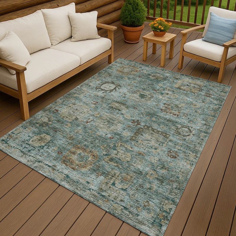 Machine Washable Indoor/ Outdoor Vintage Traditional Chantille Rug - Teal - 8' x 10'