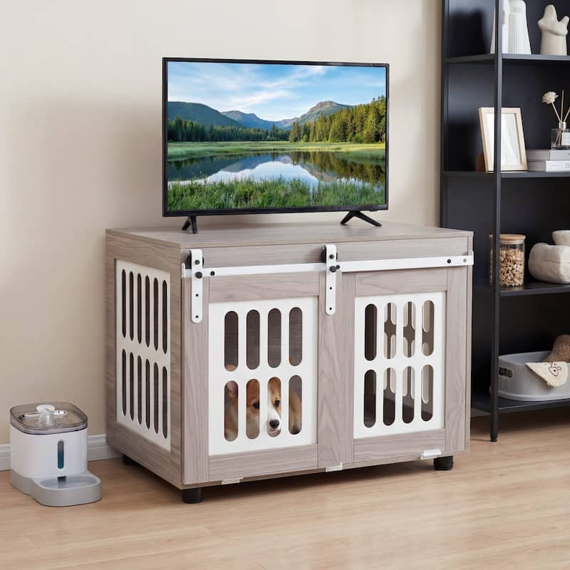 Gymax 31.5'' Dog Crate Furniture w/Sliding Barn Door for Living Room