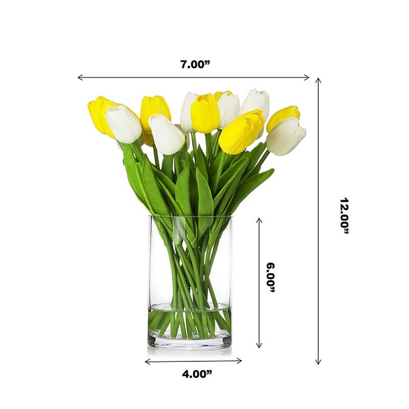 Enova Home 20 Pieces Artificial Real Touch Tulips Fake Silk Flowers Arrangement in Glass Vase with Faux Water for Home Decor