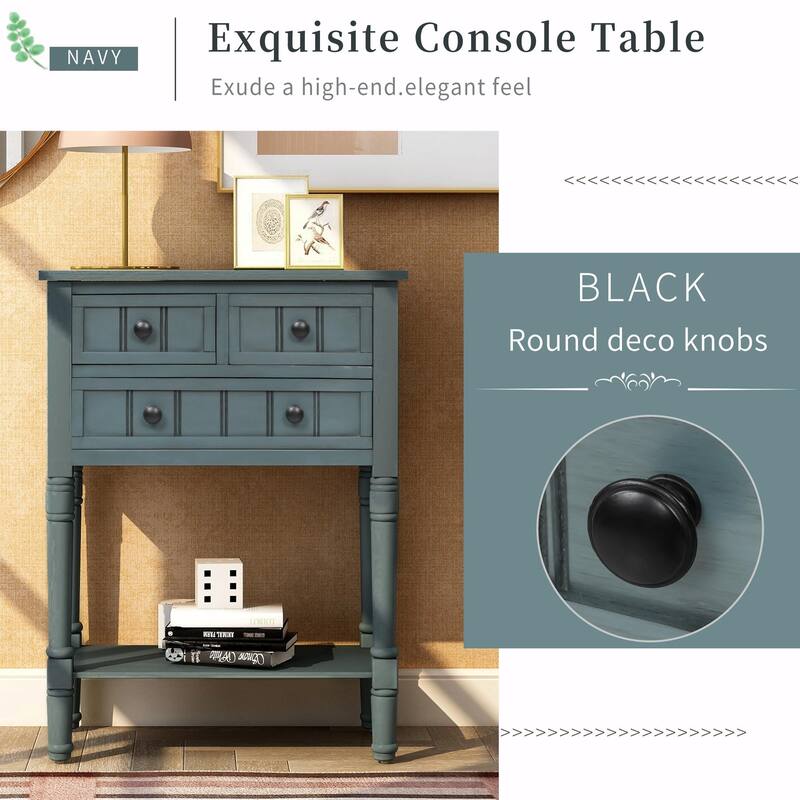Narrow Console Table with 3 Drawers and Bottom Shelf