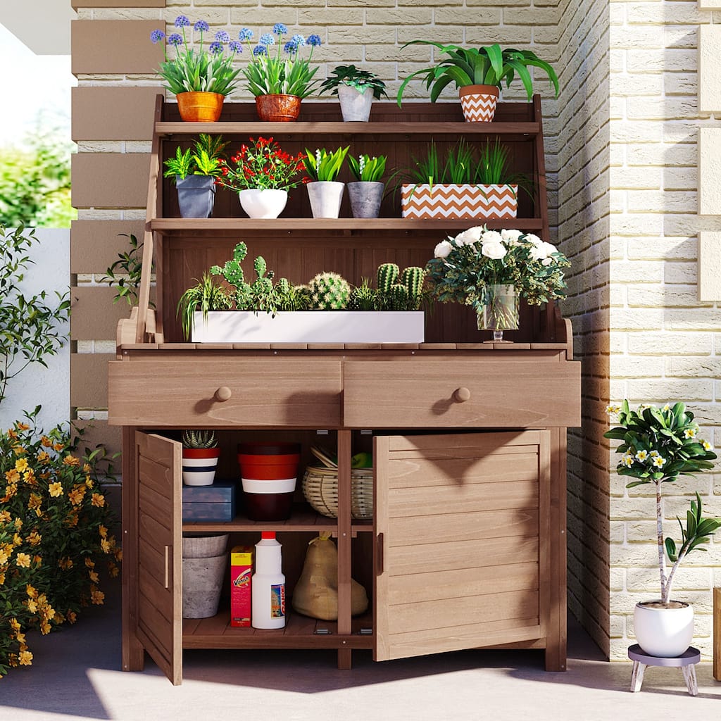 Garden Potting Bench Table, Fir Wood Workstation with Storage Shelf, Drawer and Cabinet