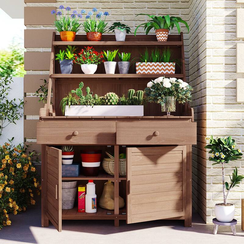Garden Potting Bench Table, Fir Wood Workstation with Storage Shelf, Drawer and Cabinet