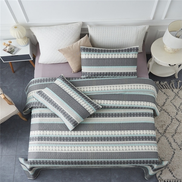 3 piece Striped Quilt Set Reversible Coverlets Bedding Set On