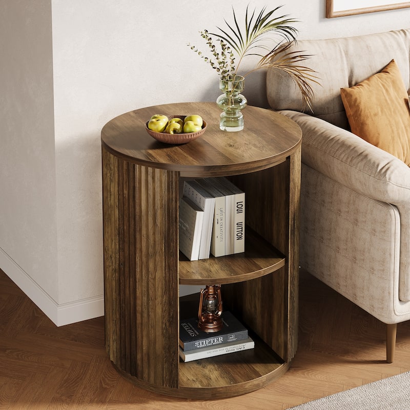 3-Tier Round End Table, Farmhouse Round Side Table with Fluted Design