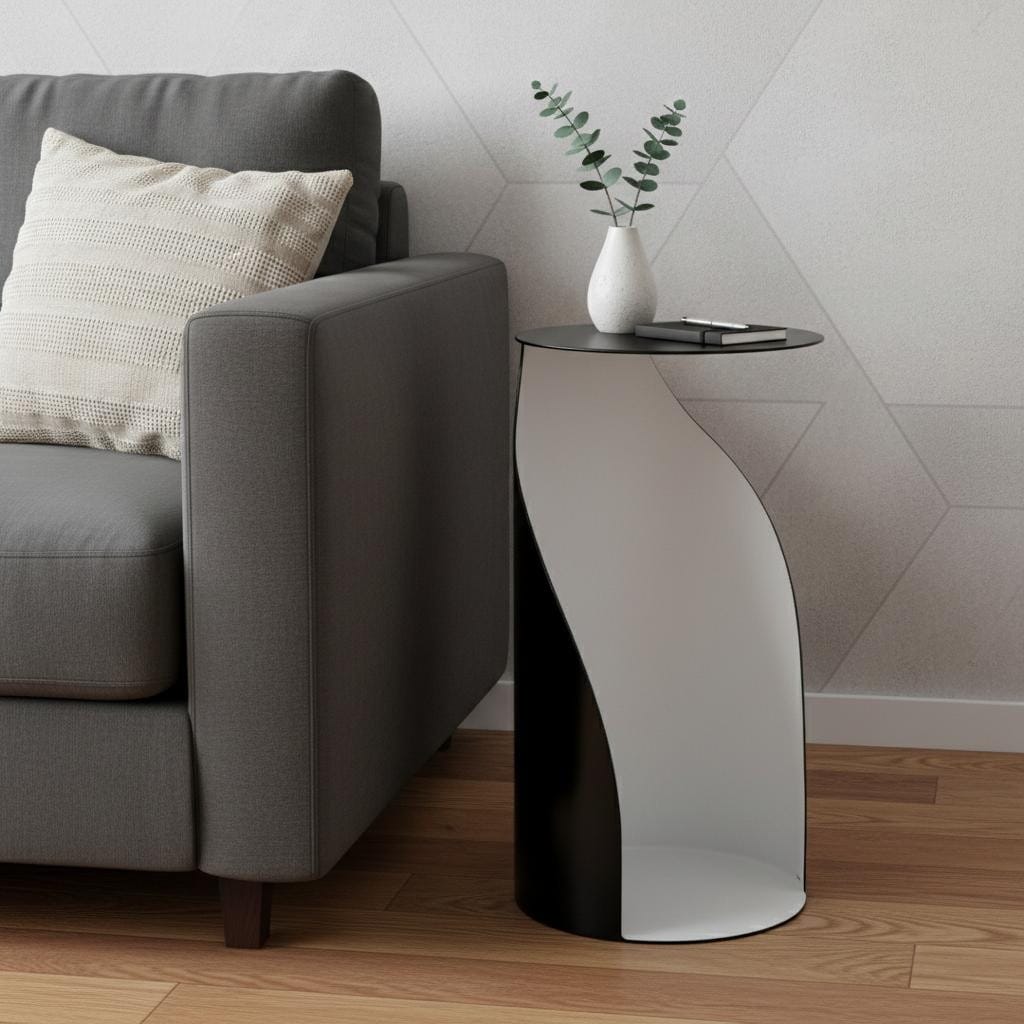 HomeRoots 21" Black and White Steel Round Pedestal End Table - 11.00 in. x 21.00 in. x 11.00 in.