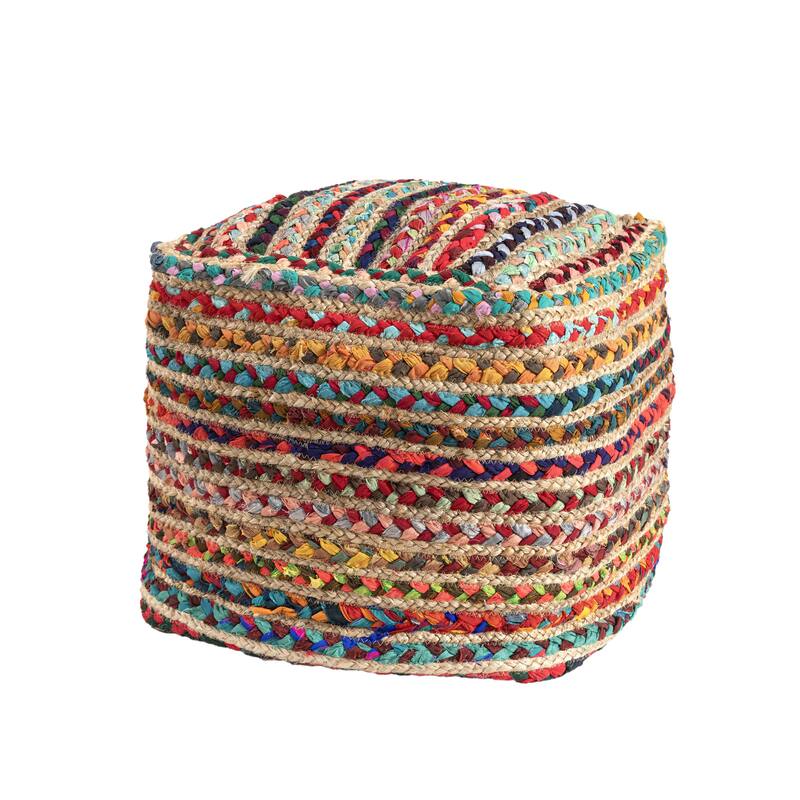 HomeRoots 18" Natural and Rainbow Braided Jute And Polyester Striped Pouf Ottoman