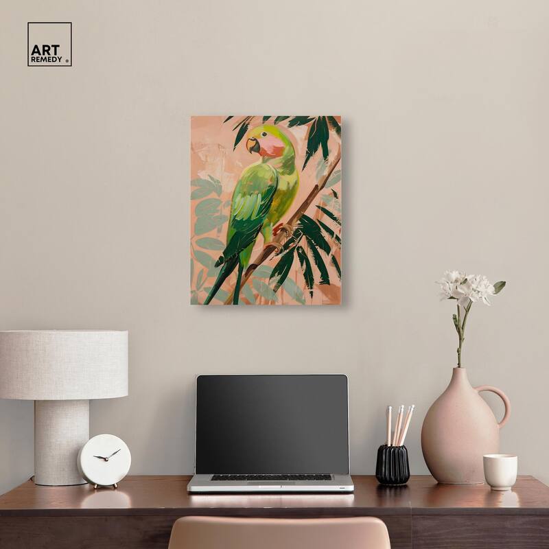 Coral and Green Parrot II Canvas by Art Remedy, Gallery Wrapped