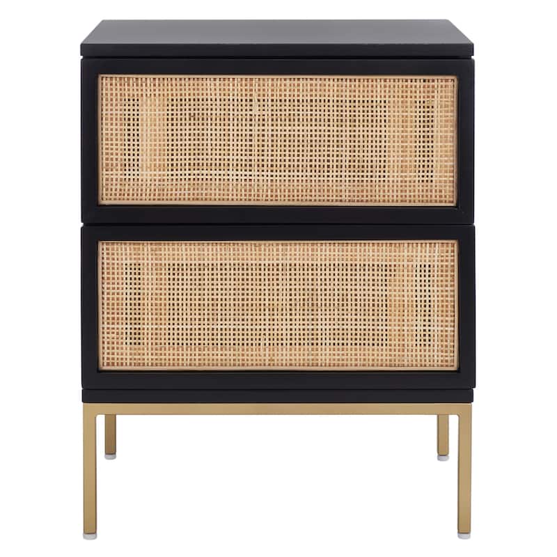 SAFAVIEH Haylie 2-Drawer Rattan Nightstand - Black With Natural Rattan/Gold Legs
