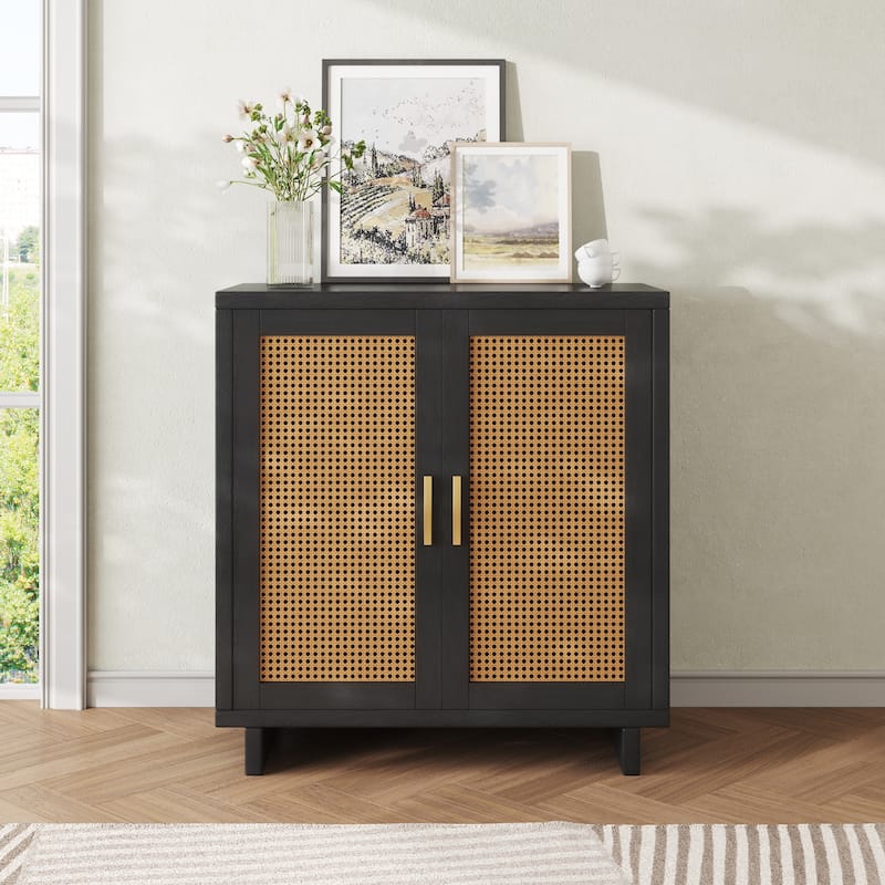 Mid-Century Modern Rattan Sideboard Storage Accent Cabinet with 2 Door