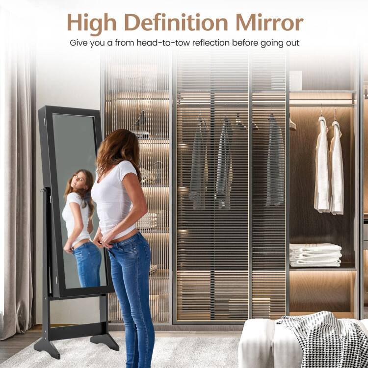 Mirrored Standing Jewelry Cabinet Storage Box - 13" x 14.5" x 56" (L x W x H)