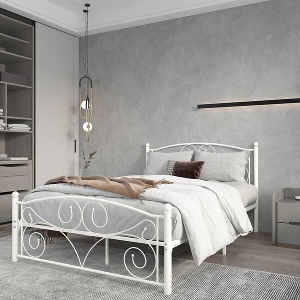 slide 2 of 10, Full Size Metal Bed Frame with Headboard and Footboard Durable Quiet Steel Construction Easy Assembly White