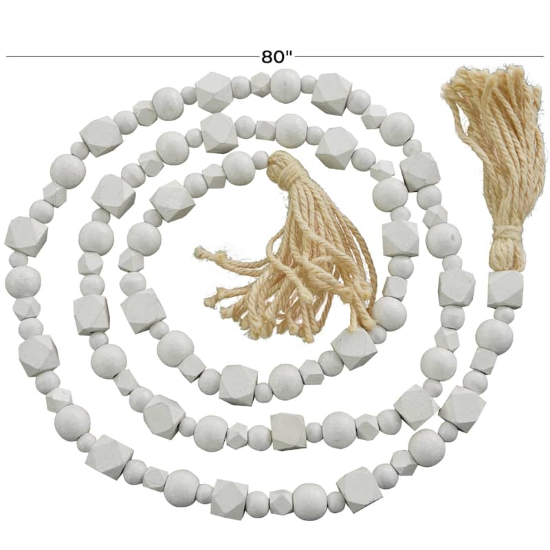 Bohemian Natural Wood Bead Garland with Cotton Tassels - 80 x 1