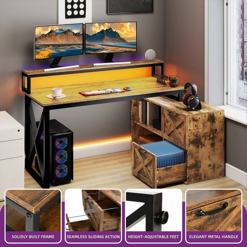 Moasis 55" L Shaped Computer Desk LED Lights Office Desk with File Cabinet