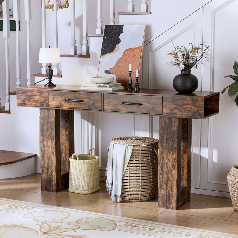 63-Inch Long Console Table, Wooden Rectangular Sofa Table Behind The Couch, Farmhouse Entryway Table for Entrance, Hallway