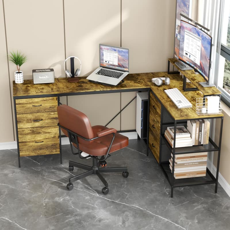 113.8" L-Shaped Desk with Power Outlets & USB-C & 6 Fabric Drawers