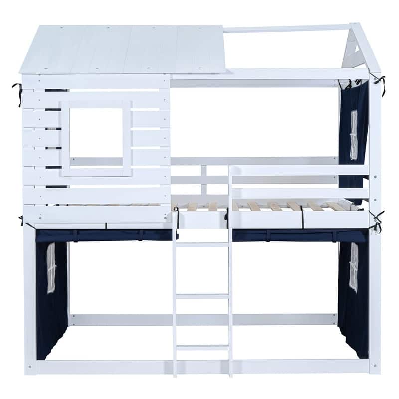 Full Size Wood House Bed Bunk Bed with Tent, Kids Bed